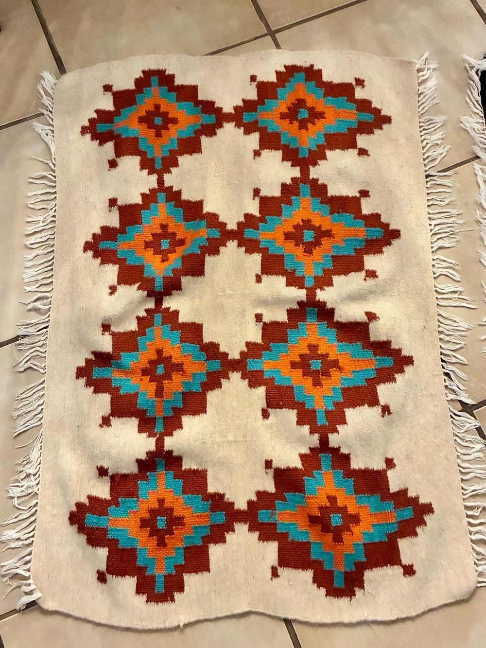 Native American Geometric Woven Rug with Turquoise & Rust Motifs
